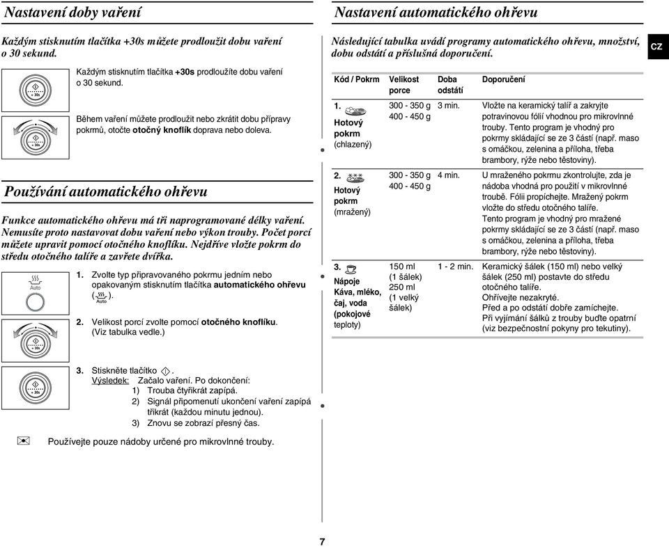 Používání automatického ohřevu Funkce automatického ohřevu má tři naprogramované délky vaření. Nemusíte proto nastavovat dobu vaření nebo výkon trouby.