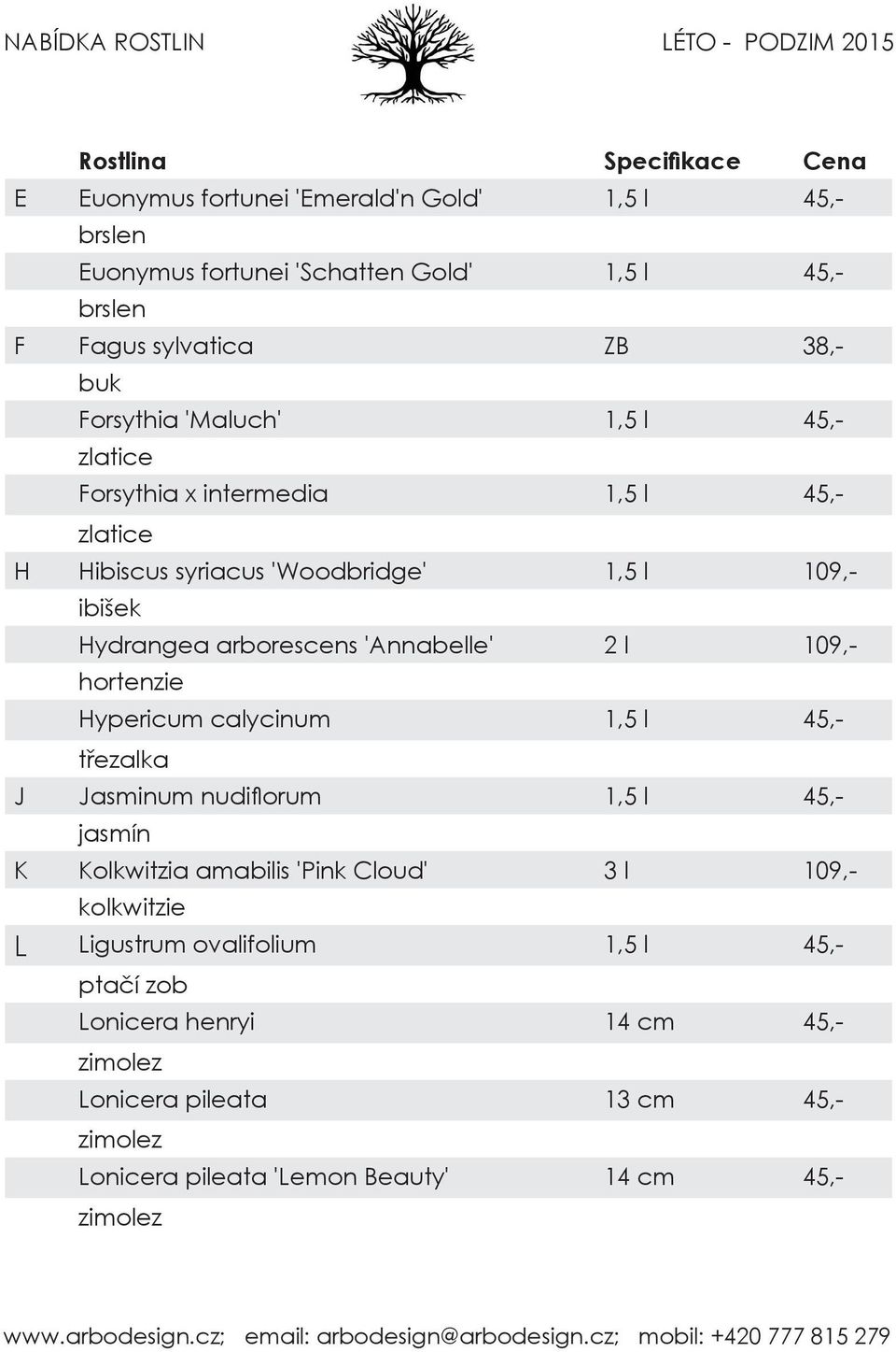 hortenzie Hypericum calycinum 1,5 l 45,- třezalka J Jasminum nudiflorum 1,5 l 45,- jasmín K Kolkwitzia amabilis 'Pink Cloud' 3 l 109,- kolkwitzie L