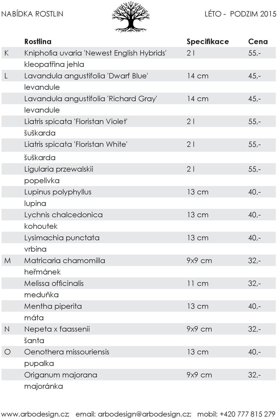 polyphyllus 13 cm 40,- lupina Lychnis chalcedonica 13 cm 40,- kohoutek Lysimachia punctata 13 cm 40,- vrbina M Matricaria chamomilla 9x9 cm 32,- heřmánek Melissa