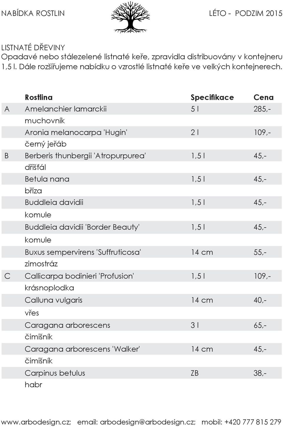 bříza Buddleia davidii 1,5 l 45,- komule Buddleia davidii 'Border Beauty' 1,5 l 45,- komule Buxus sempervirens 'Suffruticosa' 14 cm 55,- zimostráz C Callicarpa bodinieri