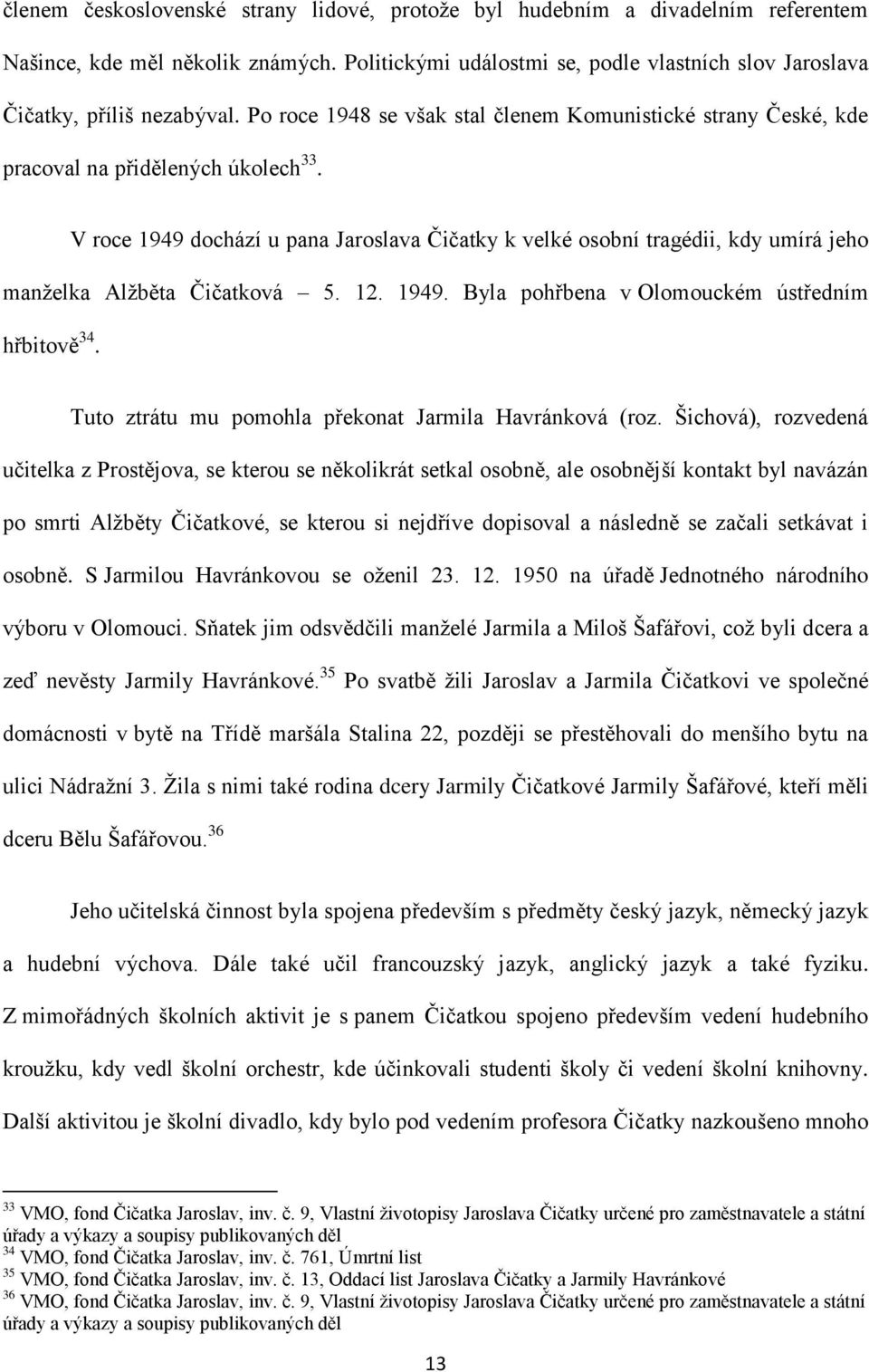 V roce 1949 dochází u pana Jaroslava Čičatky k velké osobní tragédii, kdy umírá jeho manželka Alžběta Čičatková 5. 12. 1949. Byla pohřbena v Olomouckém ústředním hřbitově 34.