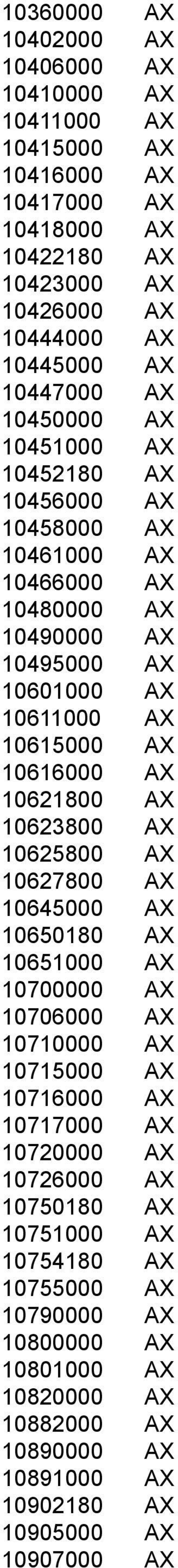 10616000 AX 10621800 AX 10623800 AX 10625800 AX 10627800 AX 10645000 AX 10650180 AX 10651000 AX 10700000 AX 10706000 AX 10710000 AX 10715000 AX 10716000 AX 10717000 AX