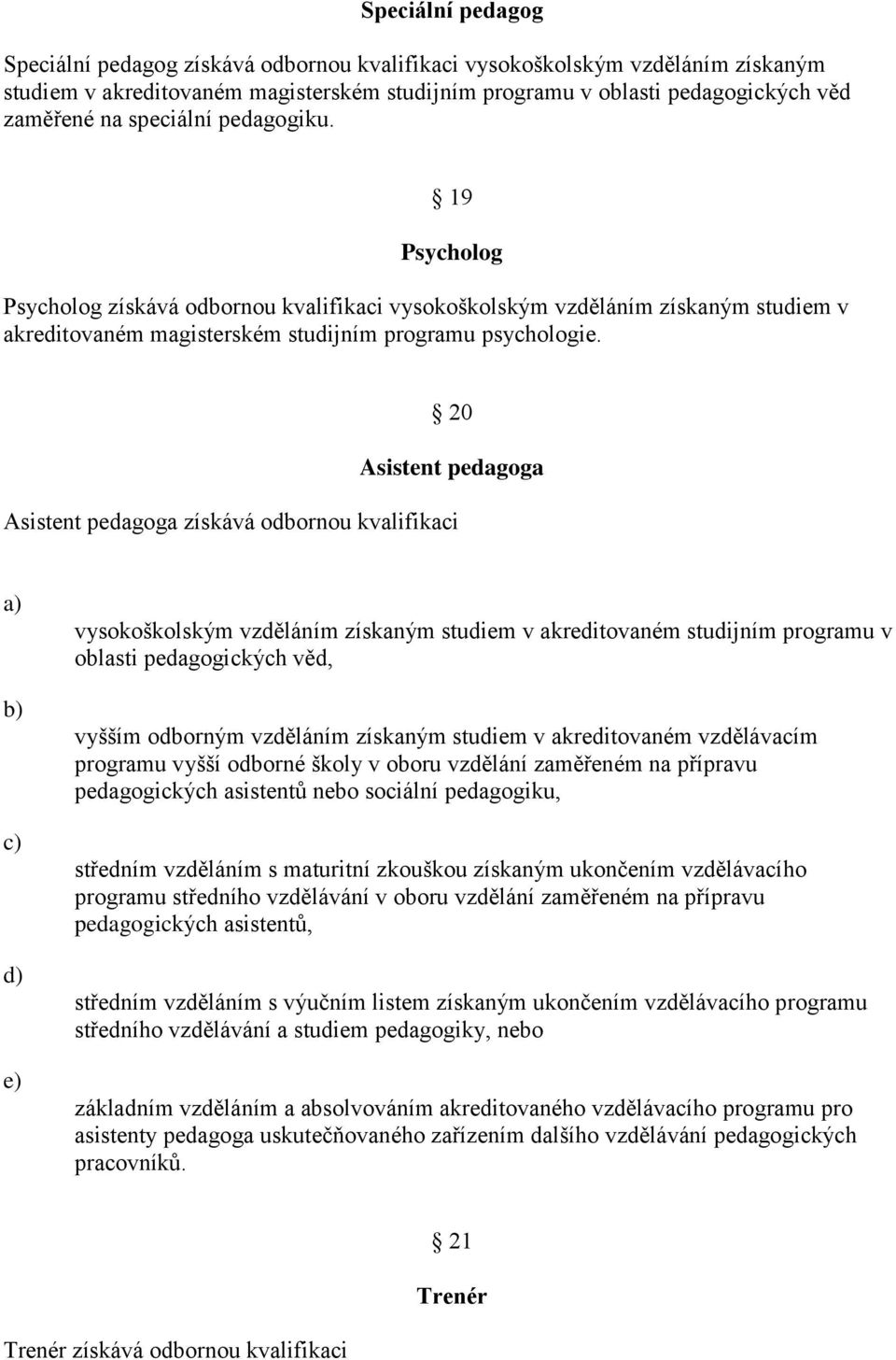 20 Asistent pedagoga Asistent pedagoga získává odbornou kvalifikaci d) e) vysokoškolským vzděláním získaným studiem v akreditovaném studijním programu v oblasti pedagogických věd, vyšším odborným