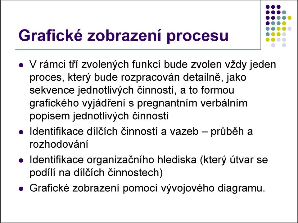 verbálním popisem jednotlivých činností Identifikace dílčích činností a vazeb průběh a rozhodování