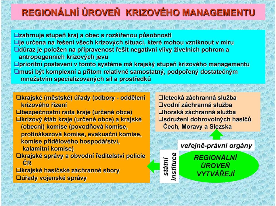 podpořený dostatečným množstvím specializovaných sil a prostředků krajské (městské) úřady (odbory - oddělení krizového řízení bezpečnostní rada kraje (určené obce) krizový štáb kraje (určené obce) a