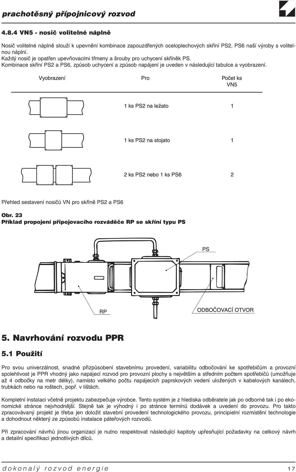 Pøehled sestavení nosièù VN pro skøínì PS2 a PS6 Obr. 23 Pøíklad propojení pøipojovacího rozvádìèe RP se skøíní typu PS 5. Navrhování rozvodu PPR 5.