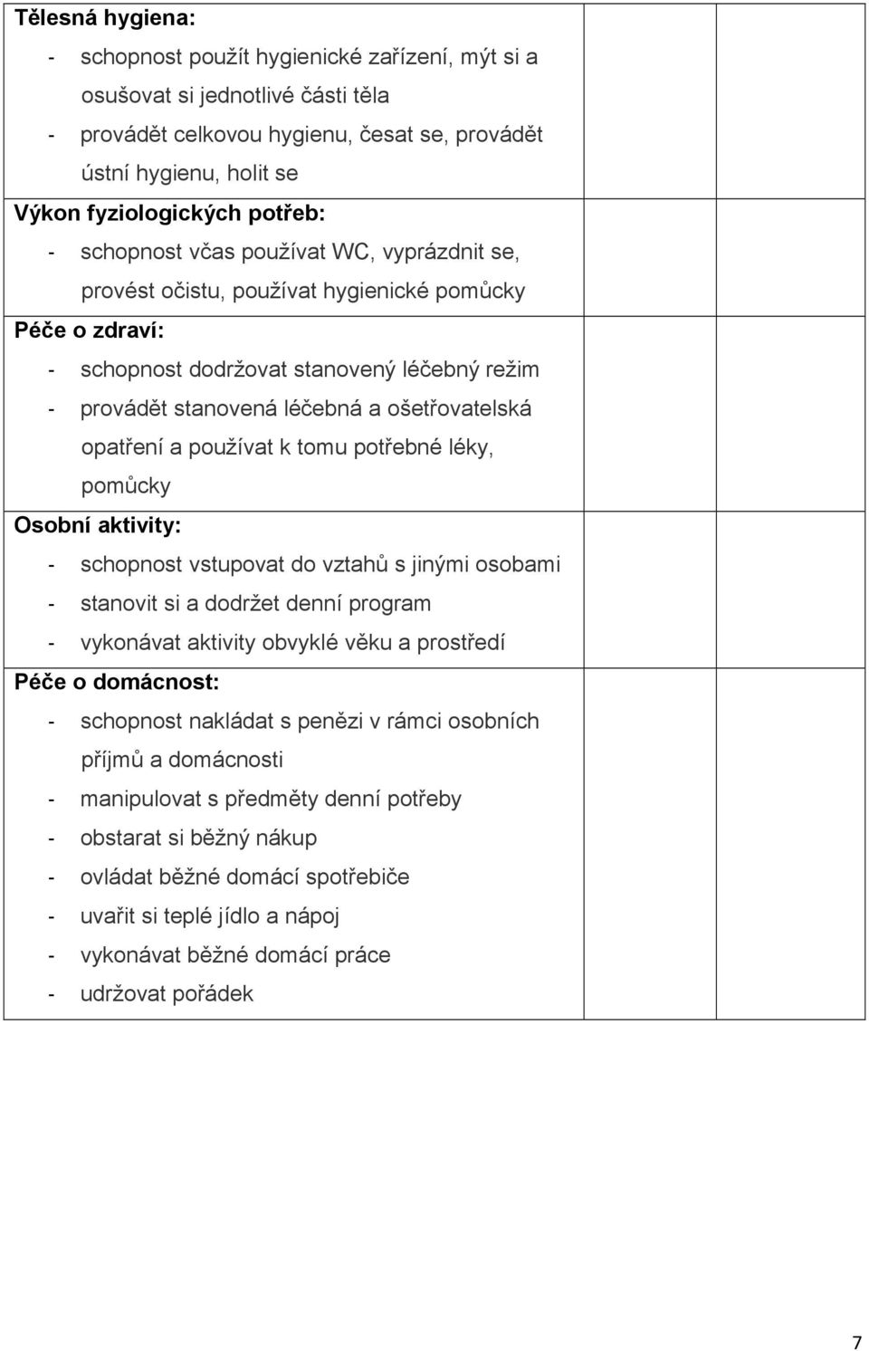 ošetřovatelská opatření a používat k tomu potřebné léky, pomůcky Osobní aktivity: - schopnost vstupovat do vztahů s jinými osobami - stanovit si a dodržet denní program - vykonávat aktivity obvyklé
