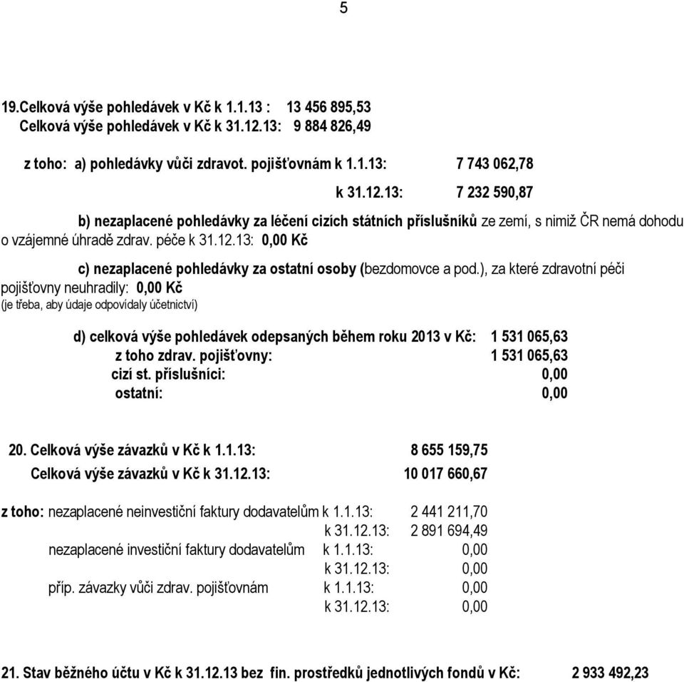 13: 7 232 590,87 b) nezaplacené pohledávky za léčení cizích státních příslušníků ze zemí, s nimiž ČR nemá dohodu o vzájemné úhradě zdrav. péče k 31.12.