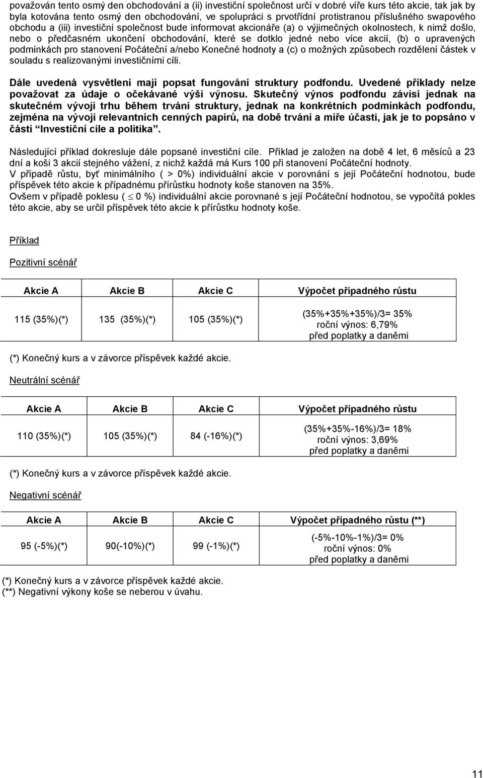 více akcií, (b) o upravených podmínkách pro stanovení Počáteční a/nebo Konečné hodnoty a (c) o možných způsobech rozdělení částek v souladu s realizovanými investičními cíli.
