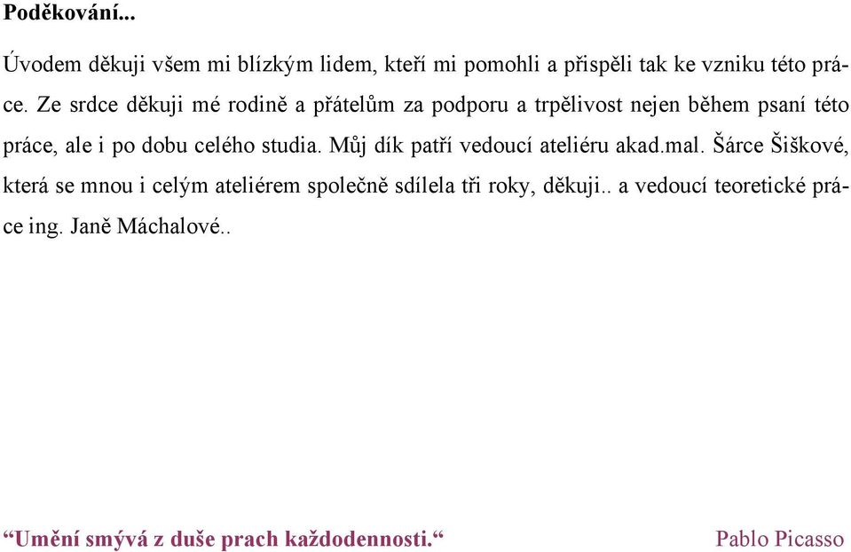 studia. Můj dík patří vedoucí ateliéru akad.mal.