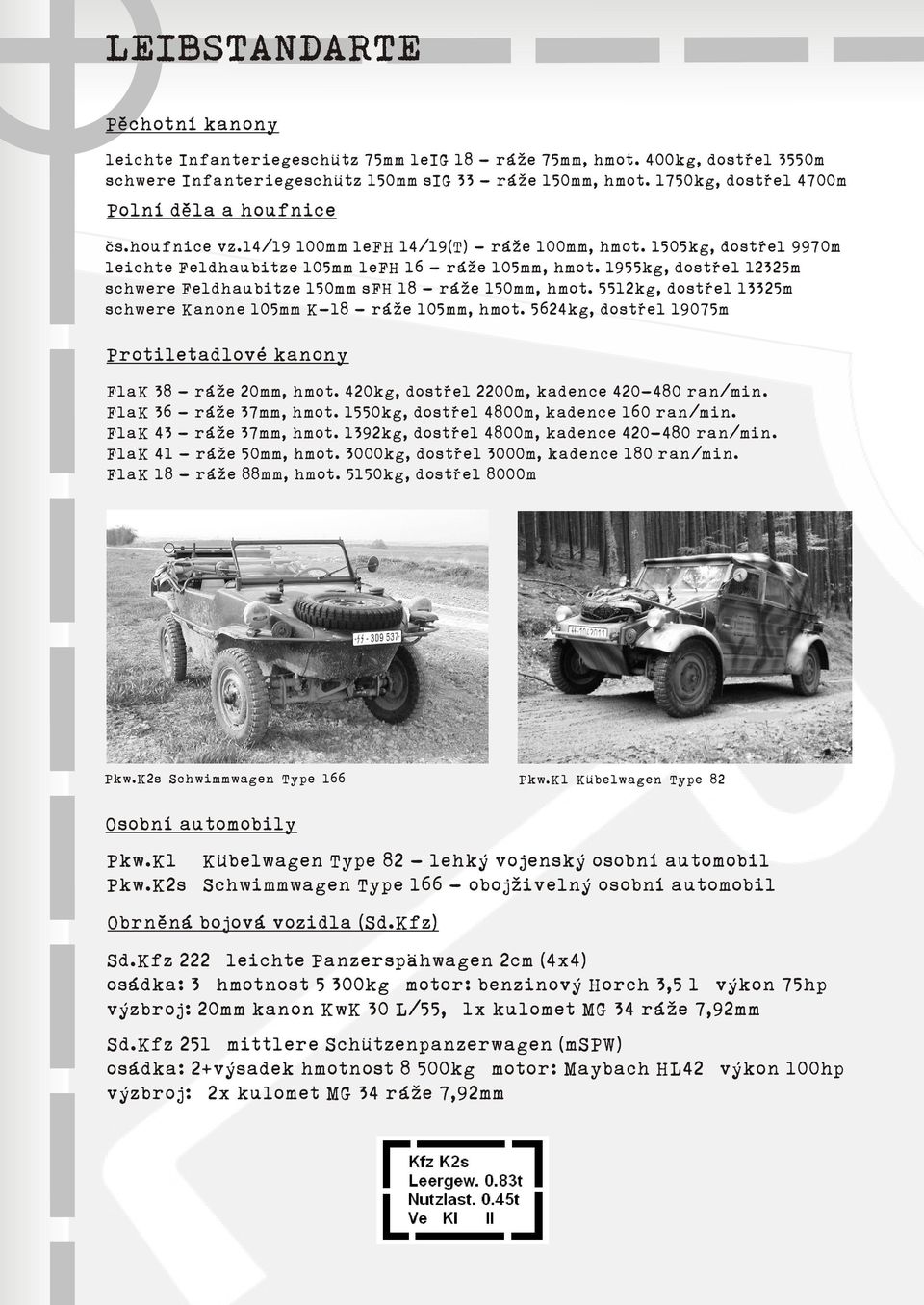 1955kg, dostøel 12325m schwere Feldhaubitze 150mm sfh 18 - ráže 150mm, hmot. 5512kg, dostøel 13325m schwere Kanone 105mm K-18 - ráže 105mm, hmot.