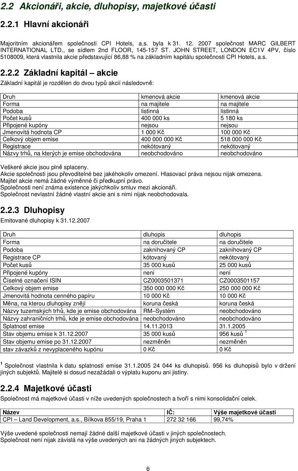 d FLOOR, 145-157 ST. JOHN STREET, LONDON EC1V 4PV, číslo 5108009, která vlastnila akcie představující 86,88 % na základním kapitálu společnosti CPI Hotels, a.s. 2.