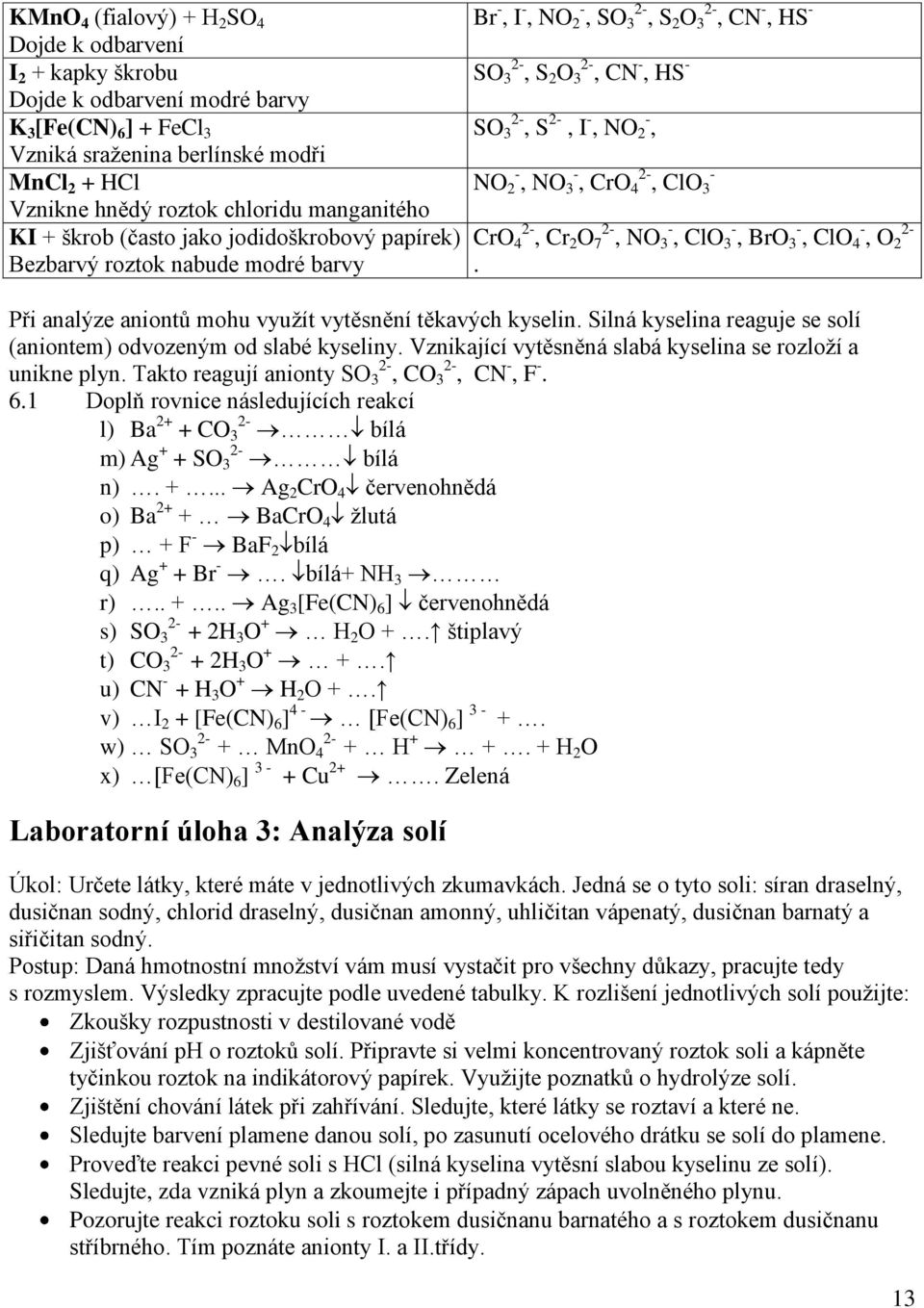 2 -, NO 2 -, NO 3 -, CrO 4 2-, ClO 3 - CrO 4 2-, Cr 2 O 7 2-, NO 3 -, ClO 3 -, BrO 3 -, ClO 4 -, O 2 2-. Při analýze aniontů mohu využít vytěsnění těkavých kyselin.