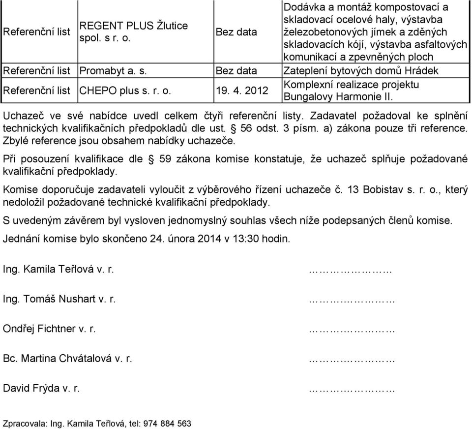 Uchazeč ve své nabídce uvedl celkem čtyři referenční listy. Zadavatel požadoval ke splnění Komise doporučuje zadavateli vyloučit z výběrového řízení uchazeče č. 13 Bobistav s. r. o.