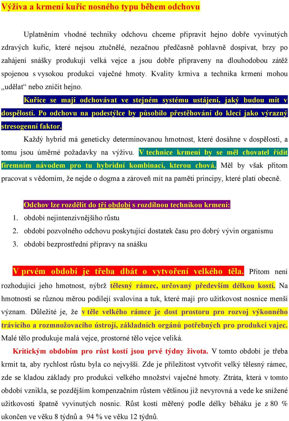 Kvality krmiva a technika krmení mohou udělat nebo zničit hejno. Kuřice se mají odchovávat ve stejném systému ustájení, jaký budou mít v dospělosti.