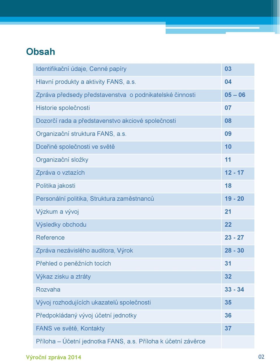 Reference 23-27 Zpráva nezávislého auditora, Výrok 28-30 Přehled o peněžních tocích 31 Výkaz zisku a ztráty 32 Rozvaha 33-34 Vývoj rozhodujících ukazatelů společnosti 35 Předpokládaný vývoj