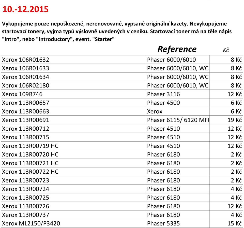 113R00715 Phaser 4510 12 Xerox 113R00719 HC Phaser 4510 12 Xerox 113R00720 HC Phaser 6180 2 Xerox 113R00721 HC Phaser 6180 2 Xerox 113R00722 HC Phaser 6180 2 Xerox