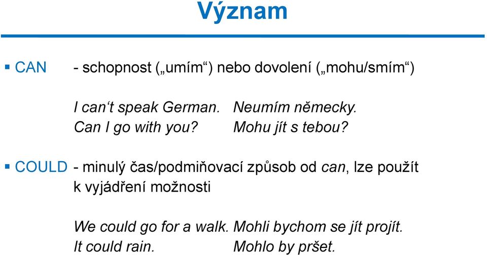 COULD - minulý čas/podmiňovací způsob od can, lze použít k vyjádření