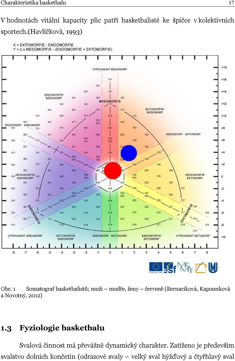 1 Somatograf basketbalistů; muži modře, ženy červeně (Bernaciková, Kapounková a Novotný, 2012) 1.