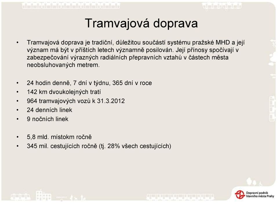 Její přínosy spočívají v zabezpečování výrazných radiálních přepravních vztahů v částech města neobsluhovaných metrem.