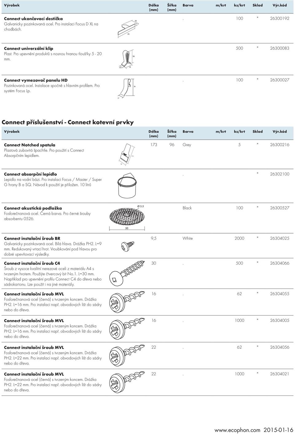 . 100 * 26300027 Connect příslušenství - Connect kotevní prvky Výrobek Connect Notched spatula Plastová zubovitá špachtle. Pro použití s Connect Absorpčním lepidlem.