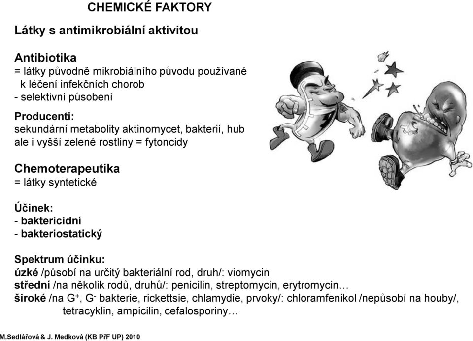bakteriostatický CHEMICKÉ FAKTORY Spektrum účinku: úzké /působí na určitý bakteriální rod, druh/: viomycin střední /na několik rodů, druhů/: penicilin,