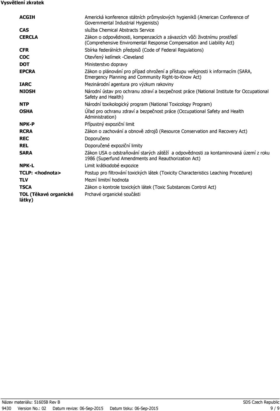 Enviromental Response Compensation and Liability Act) Sbírka federálních předpisů (Code of Federal Regulations) Otevřený kelímek Cleveland Ministerstvo dopravy Zákon o plánování pro případ ohrožení a