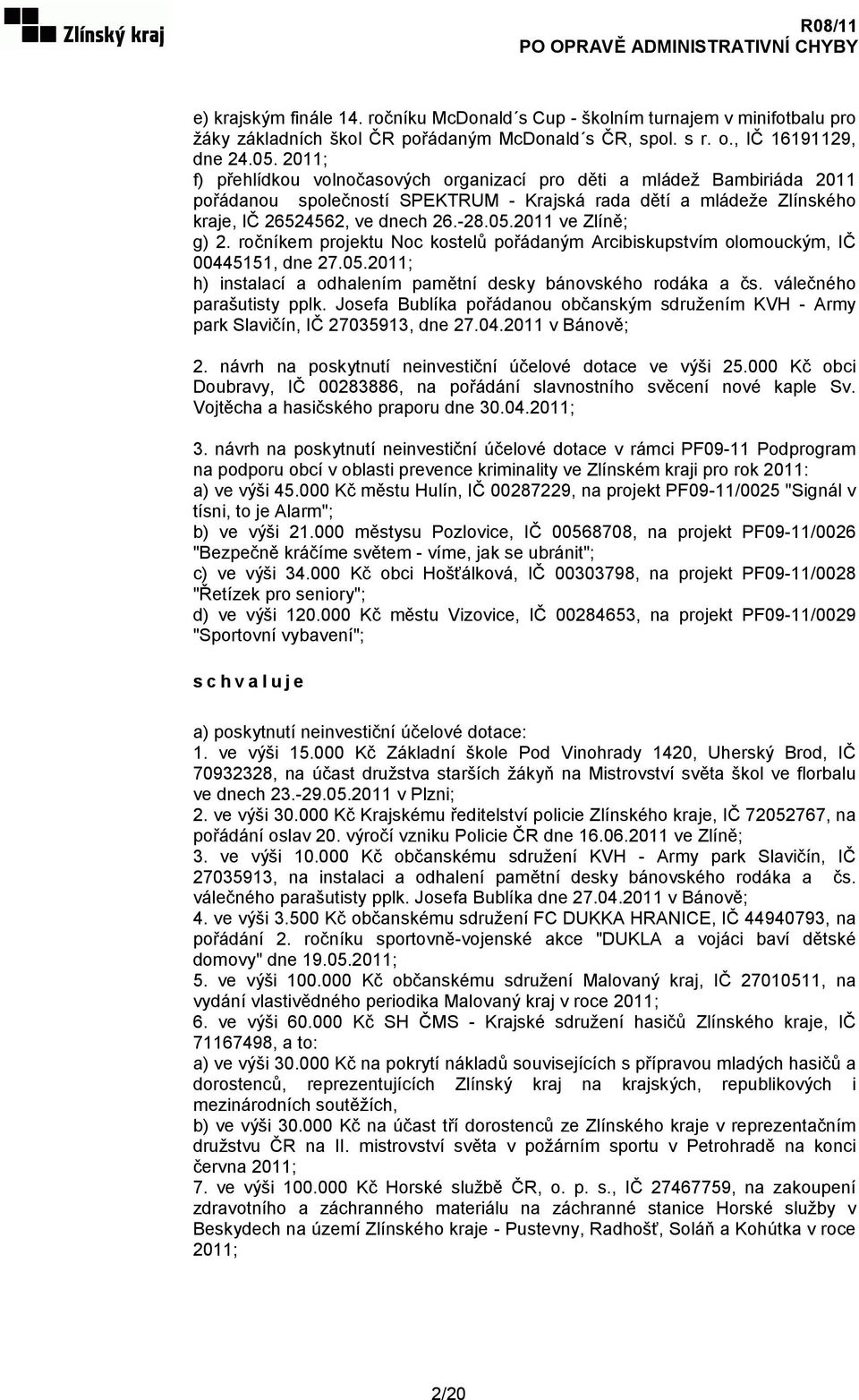 2011 ve Zlíně; g) 2. ročníkem projektu Noc kostelů pořádaným Arcibiskupstvím olomouckým, IČ 00445151, dne 27.05.2011; h) instalací a odhalením pamětní desky bánovského rodáka a čs.