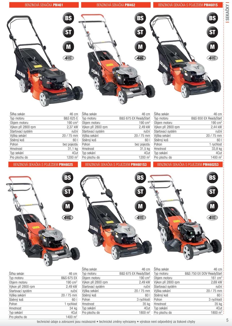 pojezdu 31,5 kg 4Cut Pro plochu do 1200 m 2 Šířka sekán 46 cm B&S 650 EX ReadyStart Objem motoru 190 cm 3 při 2800 rpm 2,44 kw Startovací systém 20 / 75 mm Sběrný koš 60 l Pohon 1 rychlost 33,8 kg