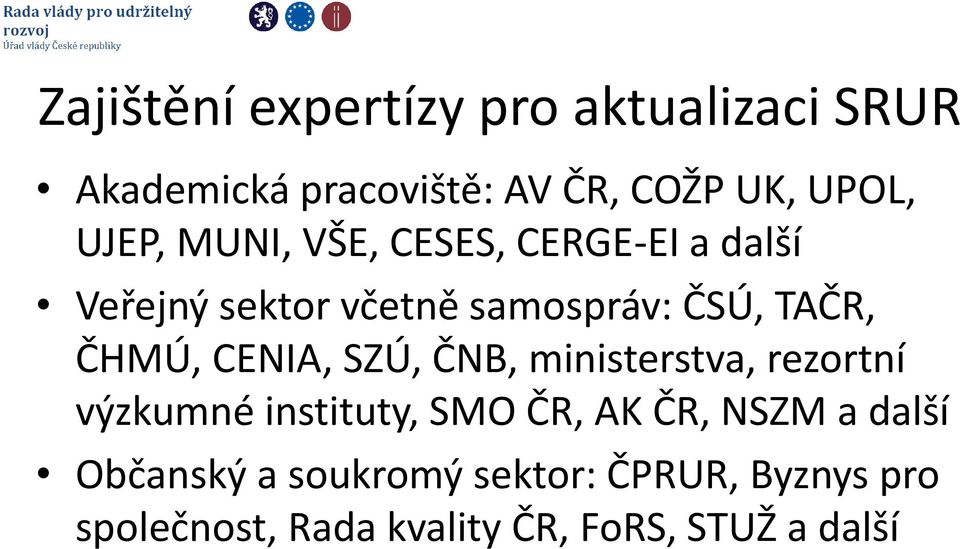 ČHMÚ, CENIA, SZÚ, ČNB, ministerstva, rezortní výzkumné instituty, SMO ČR, AK ČR, NSZM a