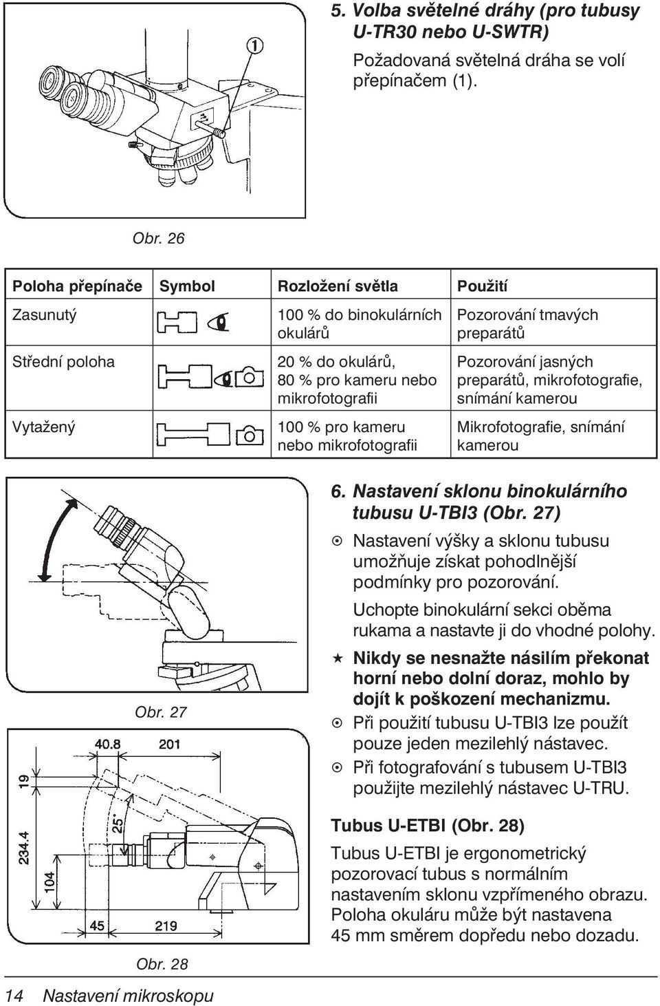 100 % pro kameru nebo mikrofotografii Pozorování jasných preparátů, mikrofotografie, snímání kamerou Mikrofotografie, snímání kamerou Obr. 27 Obr. 28 14 Nastavení mikroskopu 6.