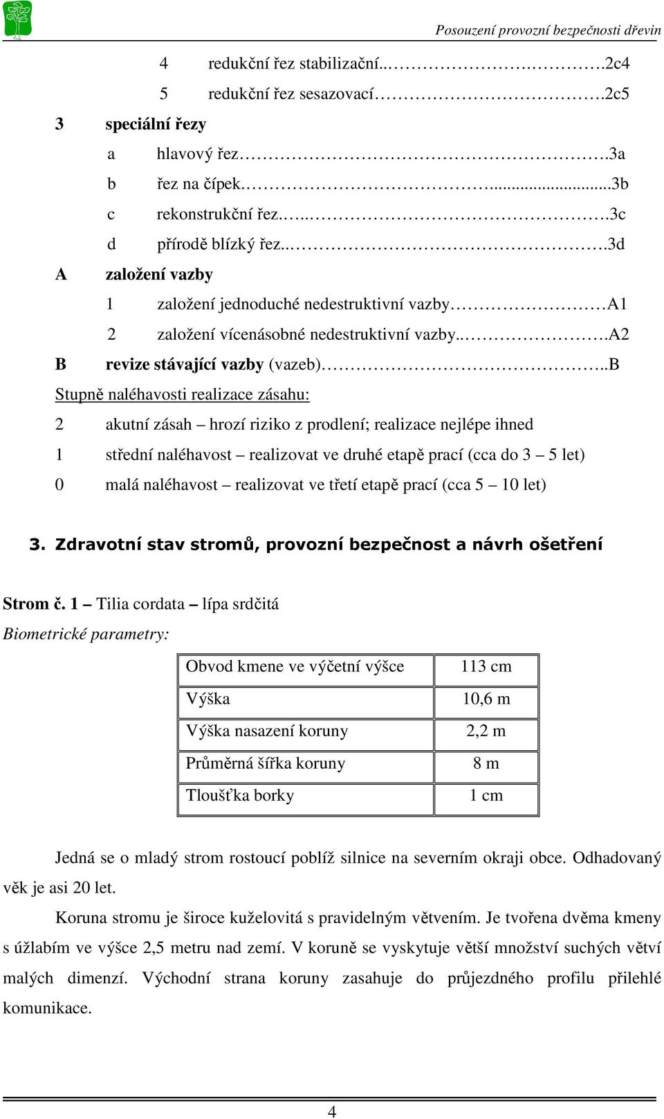 .b Stupně naléhavosti realizace zásahu: 2 akutní zásah hrozí riziko z prodlení; realizace nejlépe ihned 1 střední naléhavost realizovat ve druhé etapě prací (cca do 3 5 let) 0 malá naléhavost