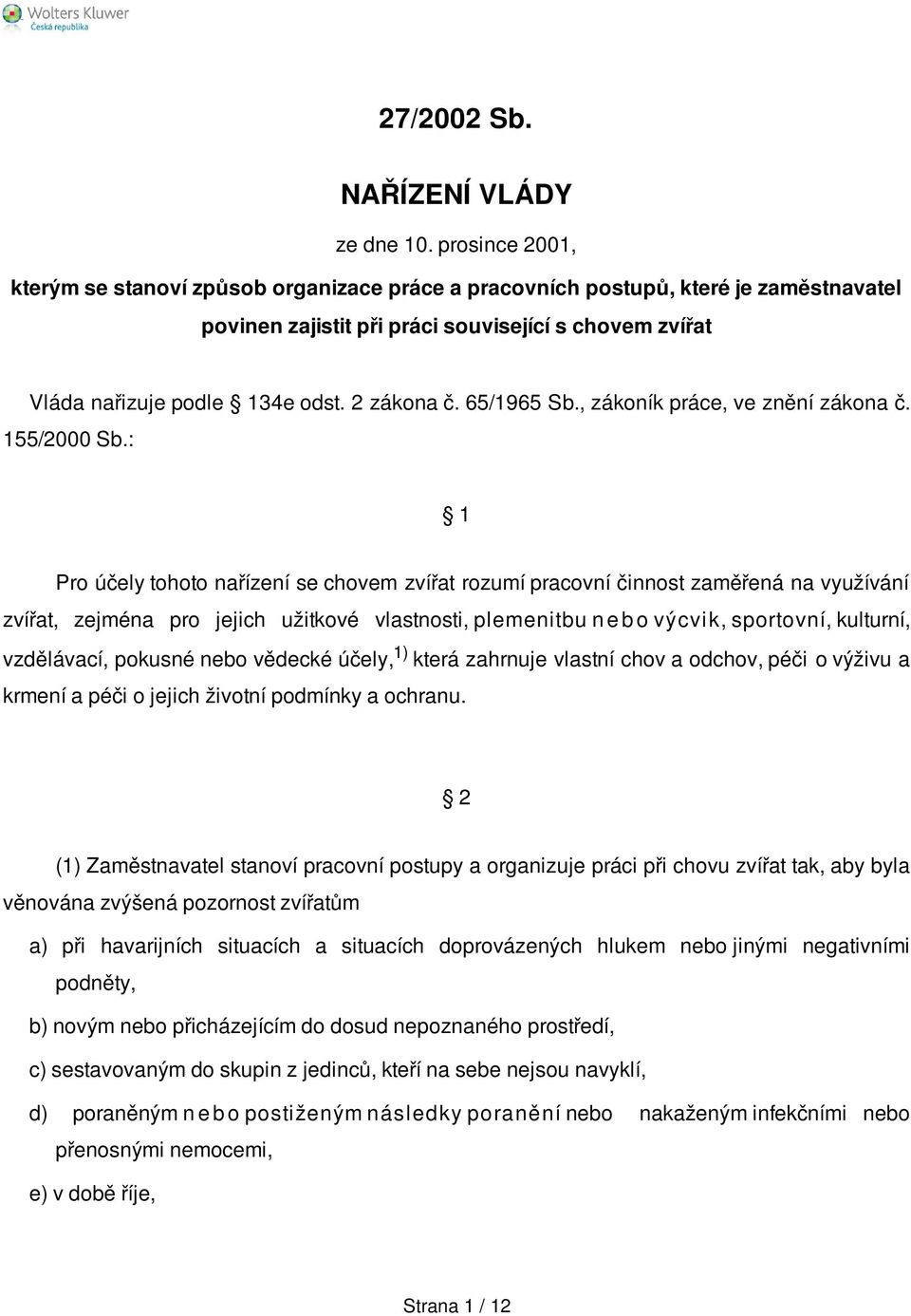 65/1965 Sb., zákoník práce, ve znění zákona č. 155/2000 Sb.