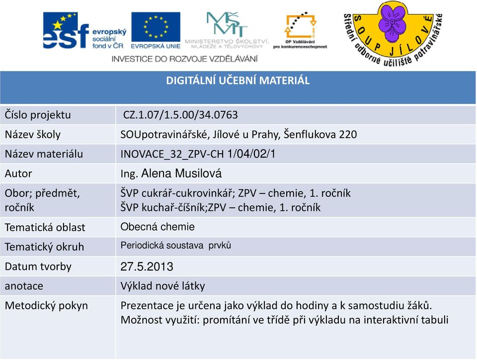 Tematická oblast Tematický okruh Ing. Alena Musilová ŠVP cukrář-cukrovinkář; ZPV chemie, 1. ročník ŠVP kuchař-číšník;zpv chemie, 1.