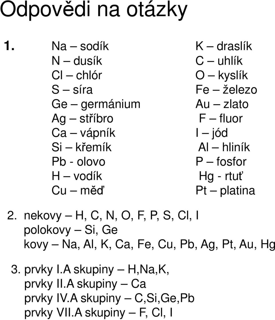 fluor Ca vápník I jód Si křemík Al hliník Pb - olovo P fosfor H vodík Hg - rtuť Cu měď Pt platina 2.