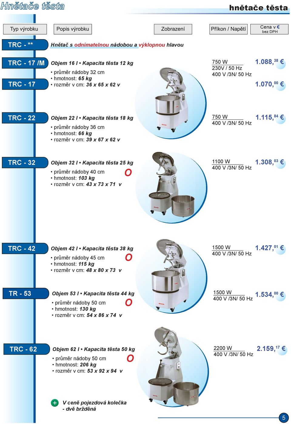 115, 84 TRC - 3 bjem 3 l Kapacita těsta 5 kg průměr nádoby 40 cm hmotnost: 103 kg rozměr v cm: 43 x 73 x 71 v 1100 W 1.