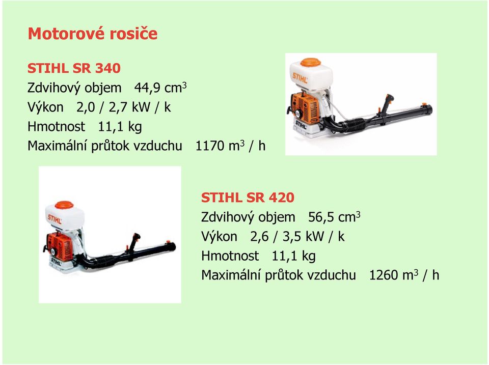 1170 m 3 / h STIHL SR 420 Zdvihový objem 56,5 cm 3 Výkon 2,6