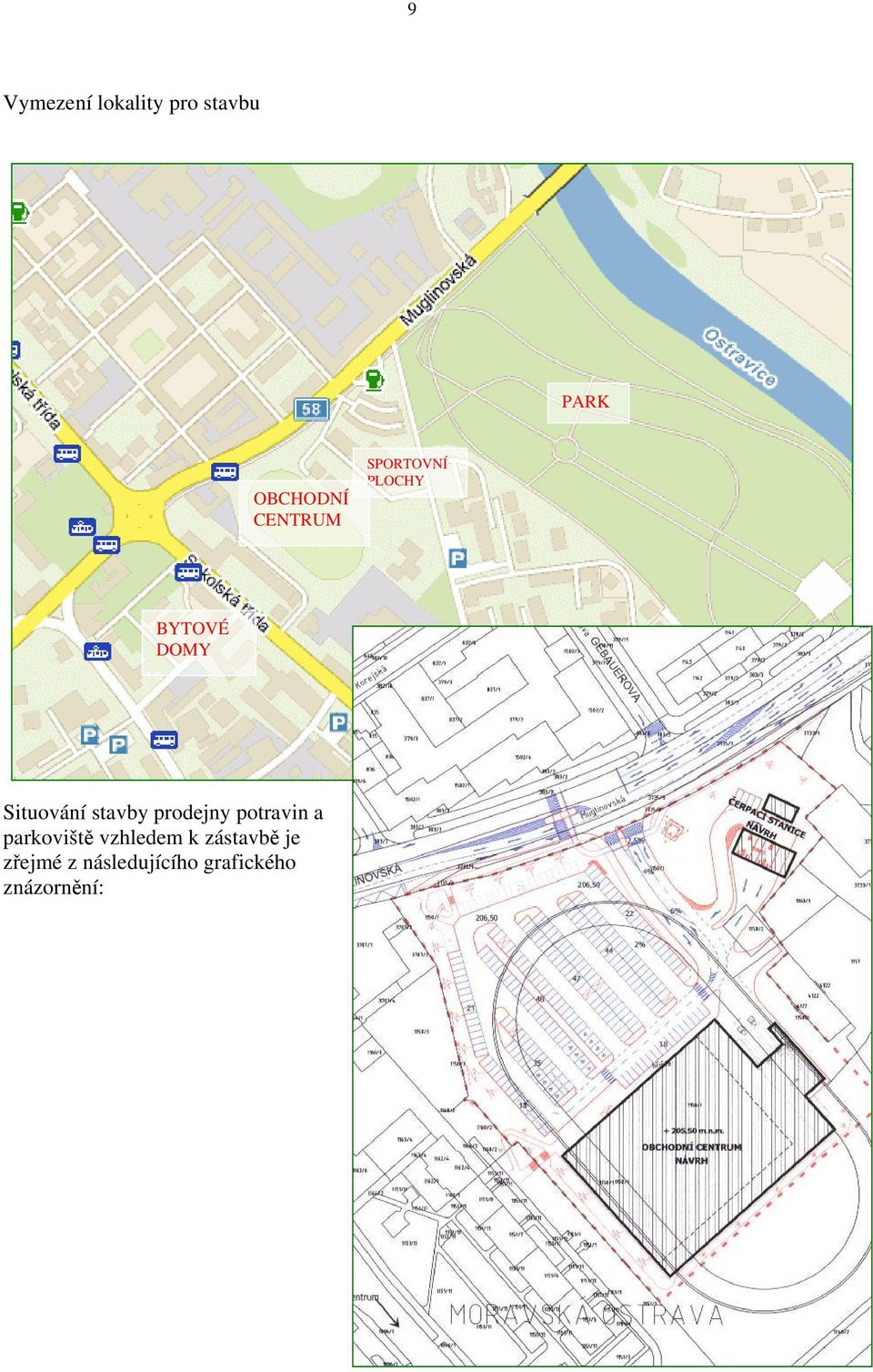 stavby prodejny potravin a parkoviště vzhledem k