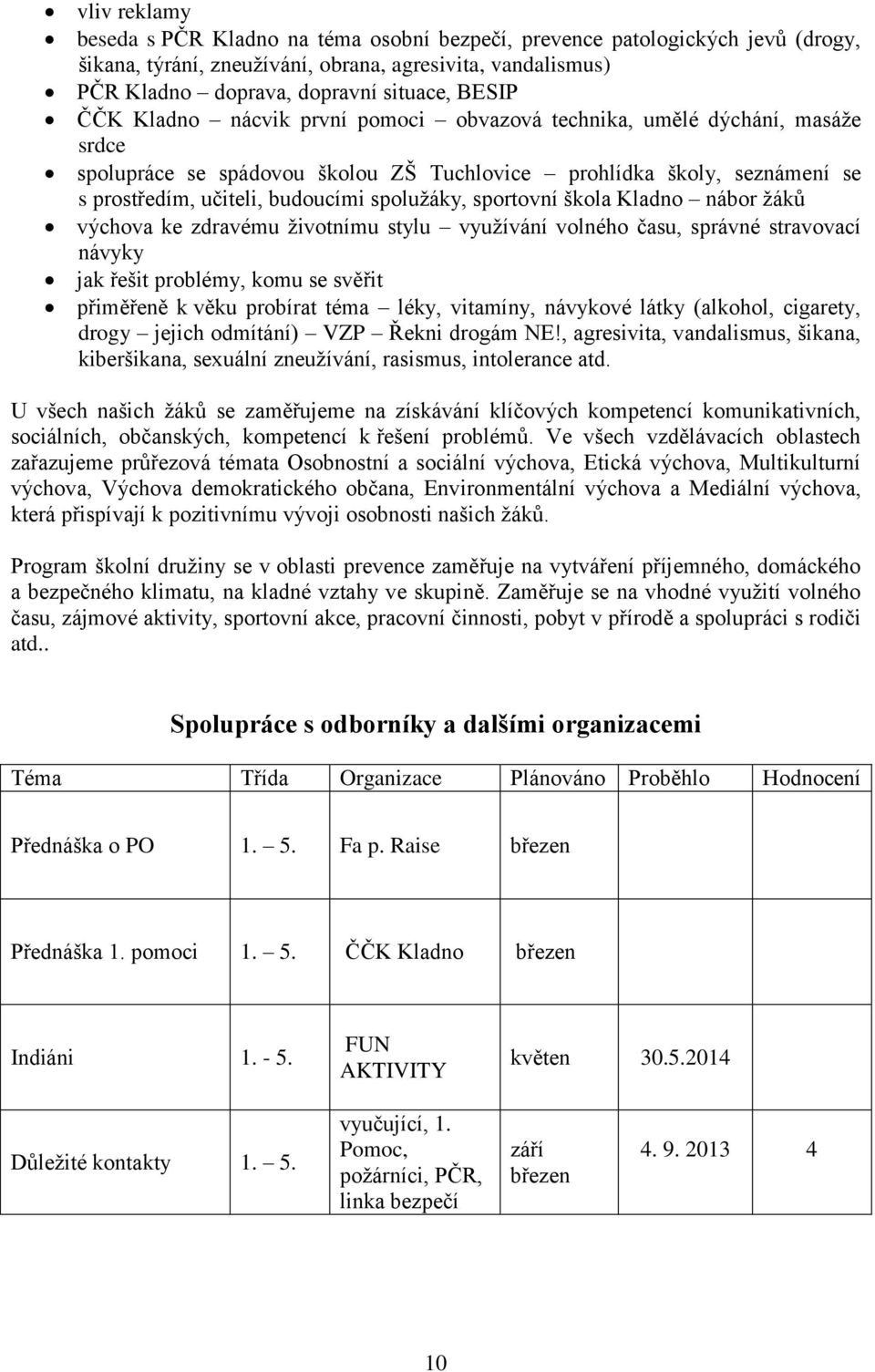sportovní škola Kladno nábor žáků výchova ke zdravému životnímu stylu využívání volného času, správné stravovací návyky jak řešit problémy, komu se svěřit přiměřeně k věku probírat téma léky,