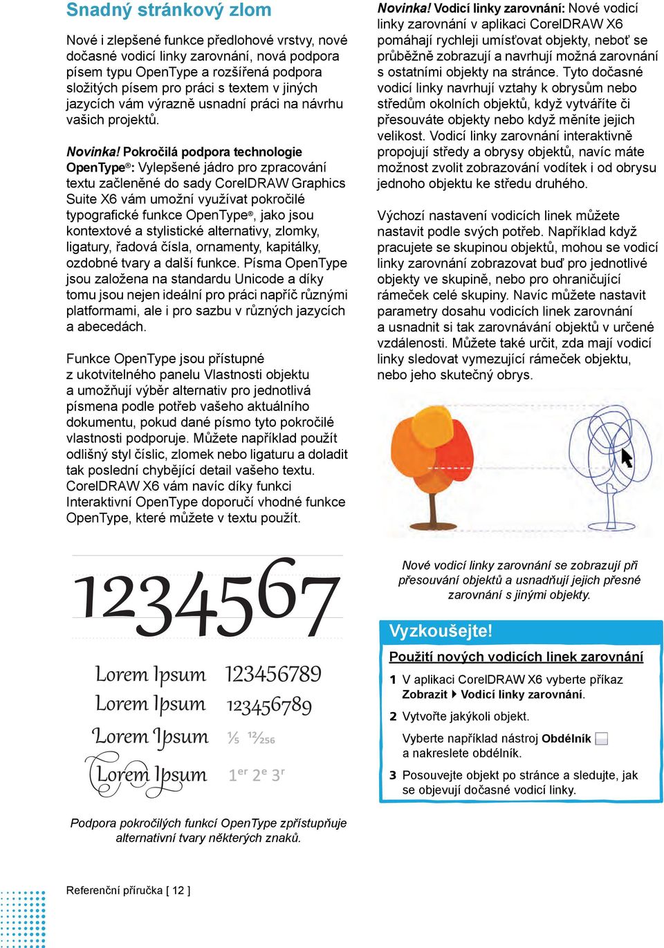 Pokročilá podpora technologie OpenType : Vylepšené jádro pro zpracování textu začleněné do sady CorelDRAW Graphics Suite X6 vám umožní využívat pokročilé typografické funkce OpenType, jako jsou