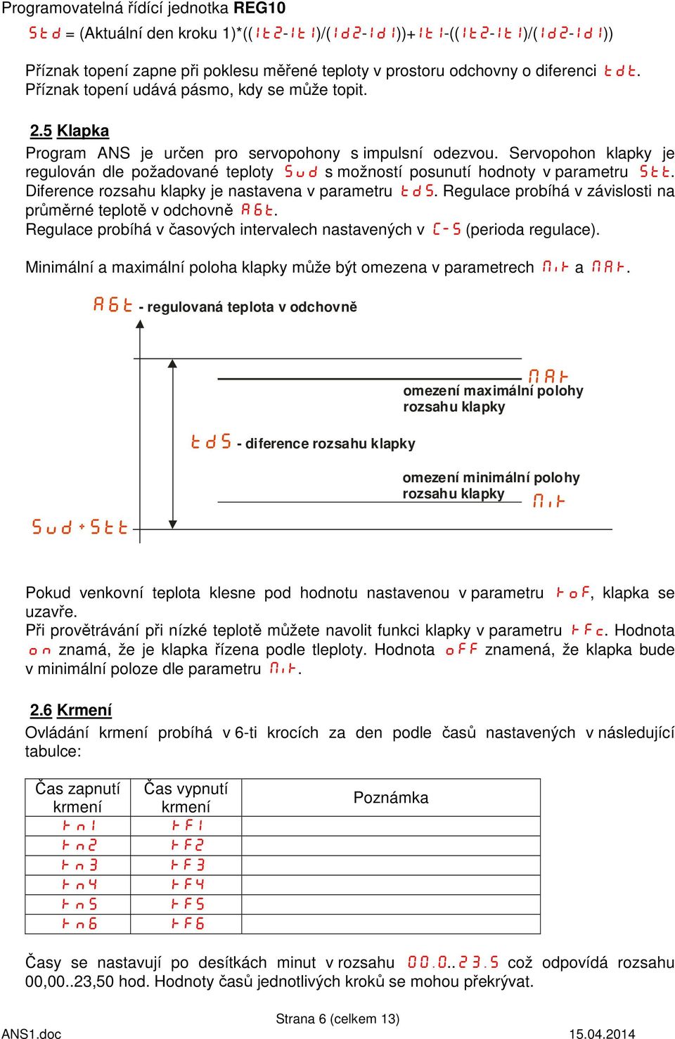 Servopohon klapky je regulován dle požadované teploty sud s možností posunutí hodnoty v parametru Stt. Diference rozsahu klapky je nastavena v parametru tds.