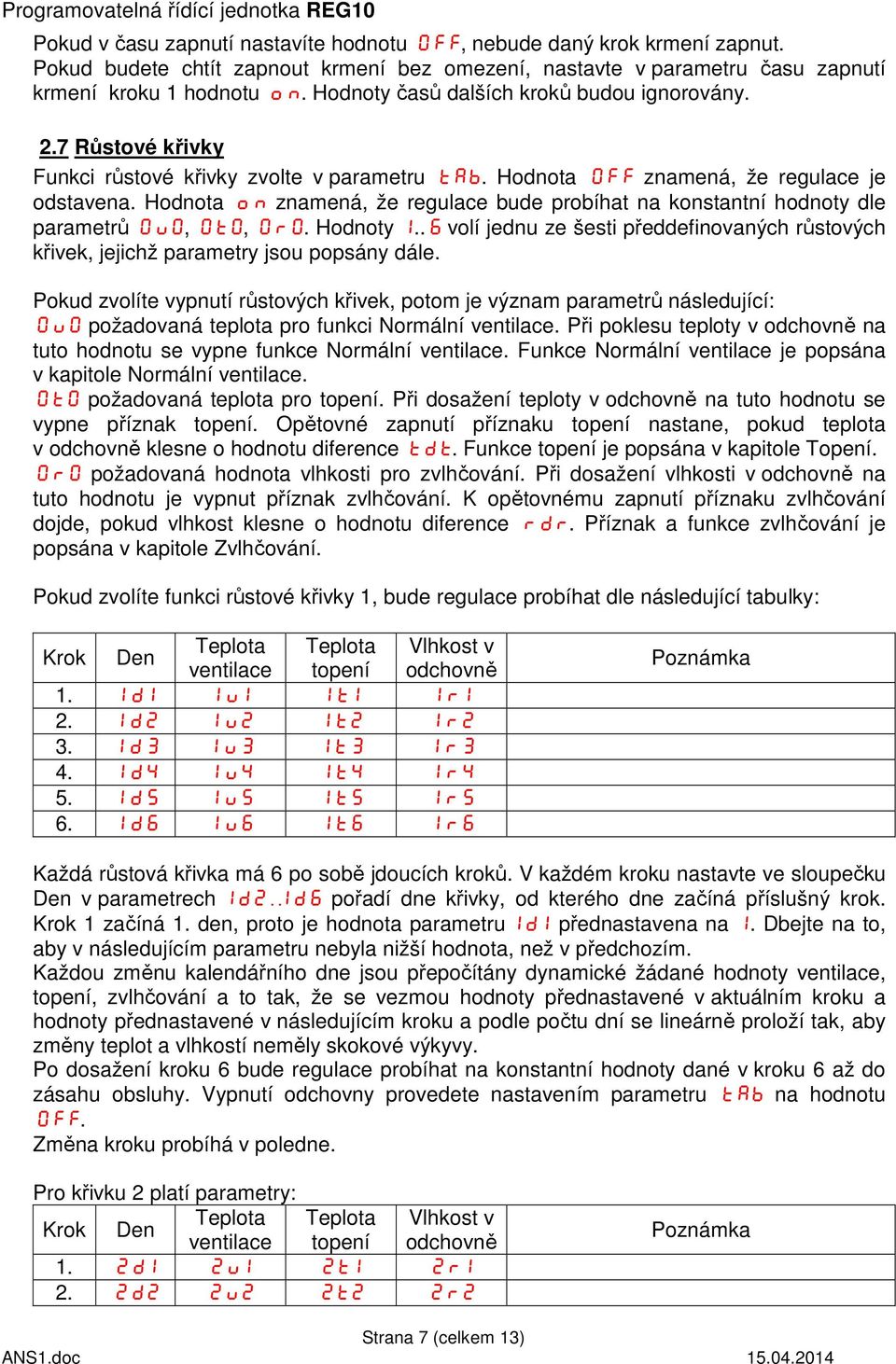 Hodnota on znamená, že regulace bude probíhat na konstantní hodnoty dle parametrů 0u0, 0t0, 0r0. Hodnoty 1..6 volí jednu ze šesti předdefinovaných růstových křivek, jejichž parametry jsou popsány dále.