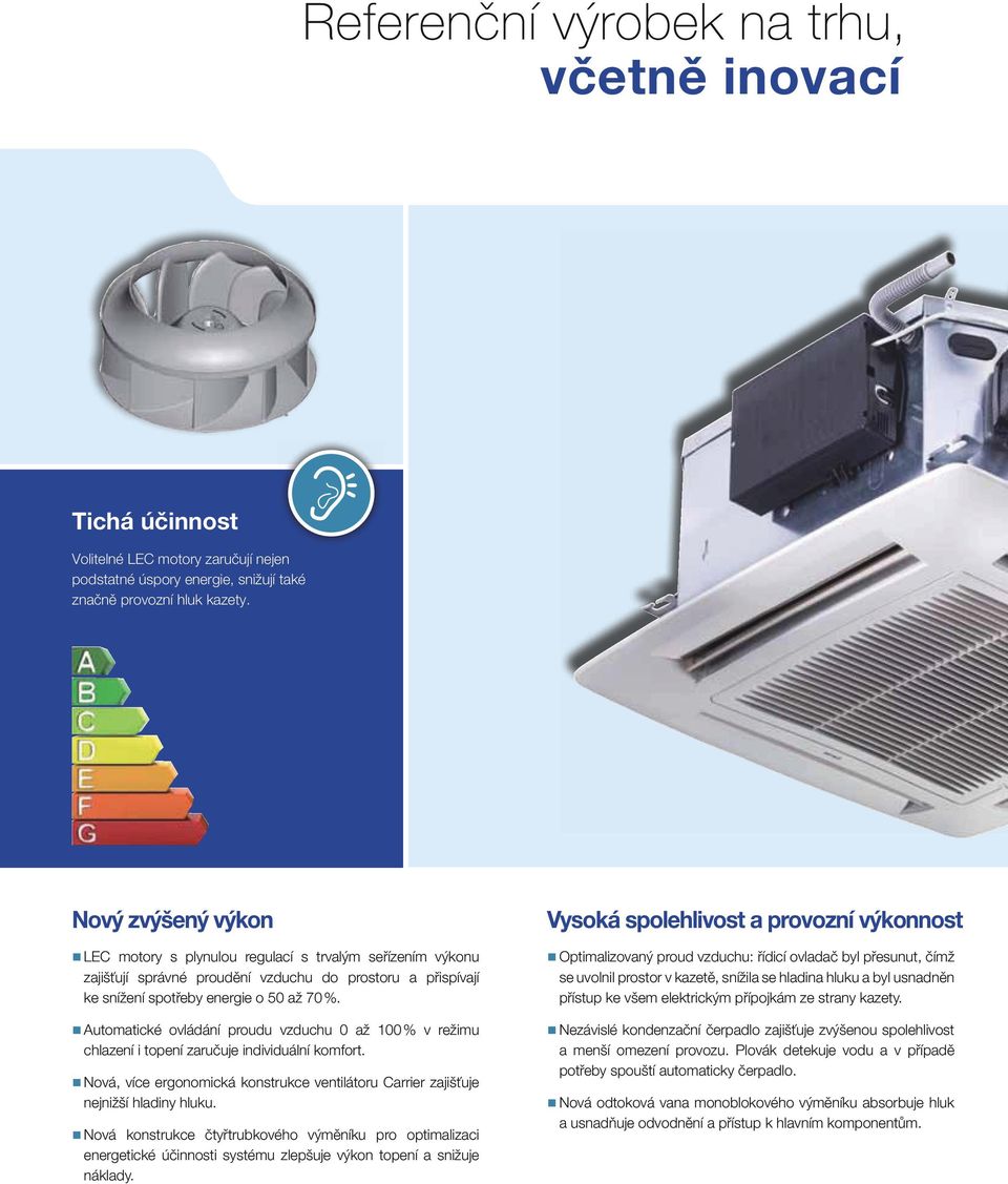 utomatické ovládání proudu vzduchu 0 až 100 % v režimu chlazení i topení zaručuje individuální komfort. Nová, více ergonomická konstrukce ventilátoru Carrier zajišťuje nejnižší hladiny hluku.
