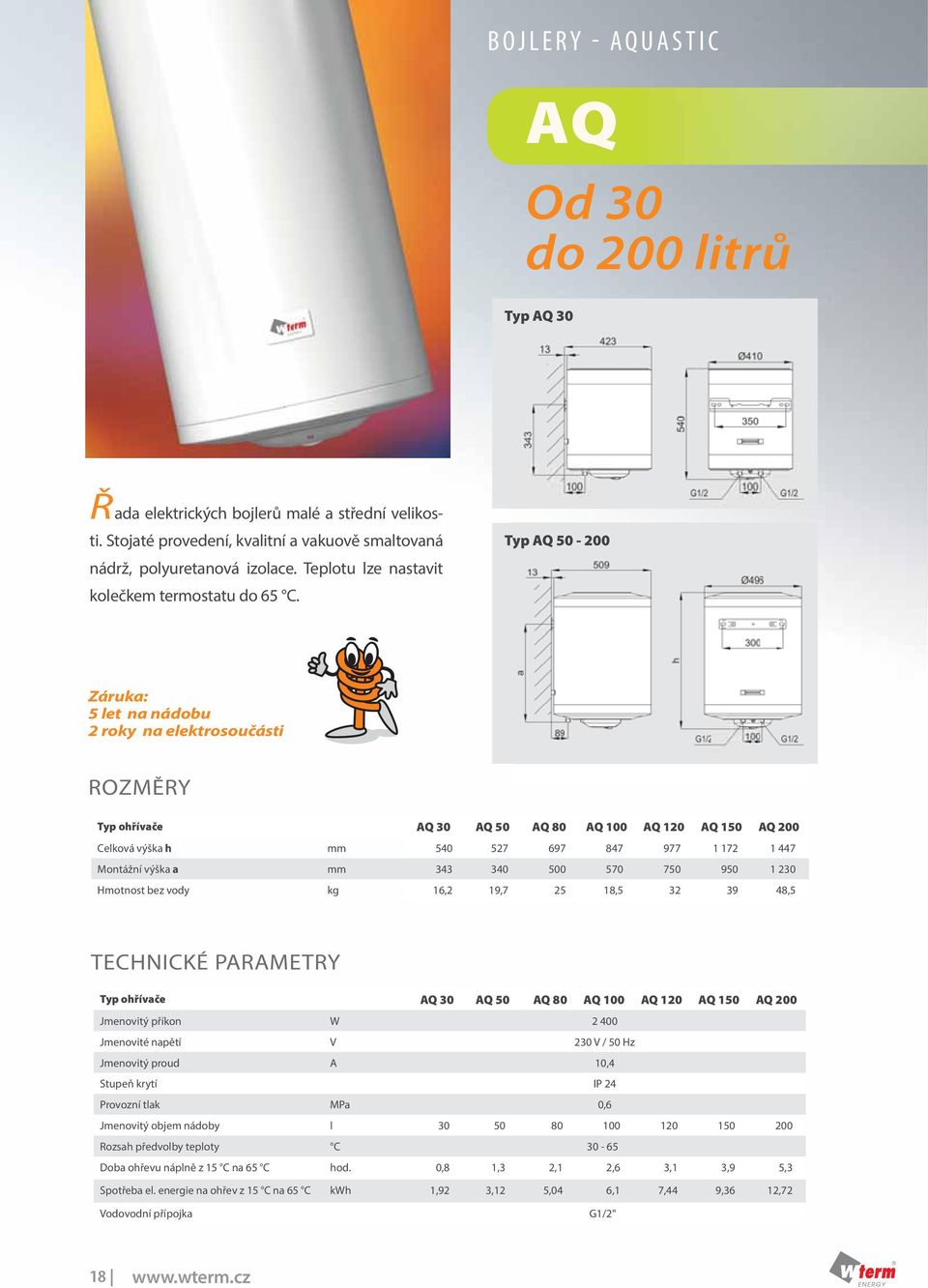 Typ Q 50-200 Záruka: 5 let na nádobu 2 roky na elektrosoučásti ROZMĚRY Q 30 Q 50 Q 80 Q 100 Q 120 Q 150 Q 200 Celková výška h 540 527 697 847 977 1 172 1 447 Montážní výška a 343 340 500 570 750 950