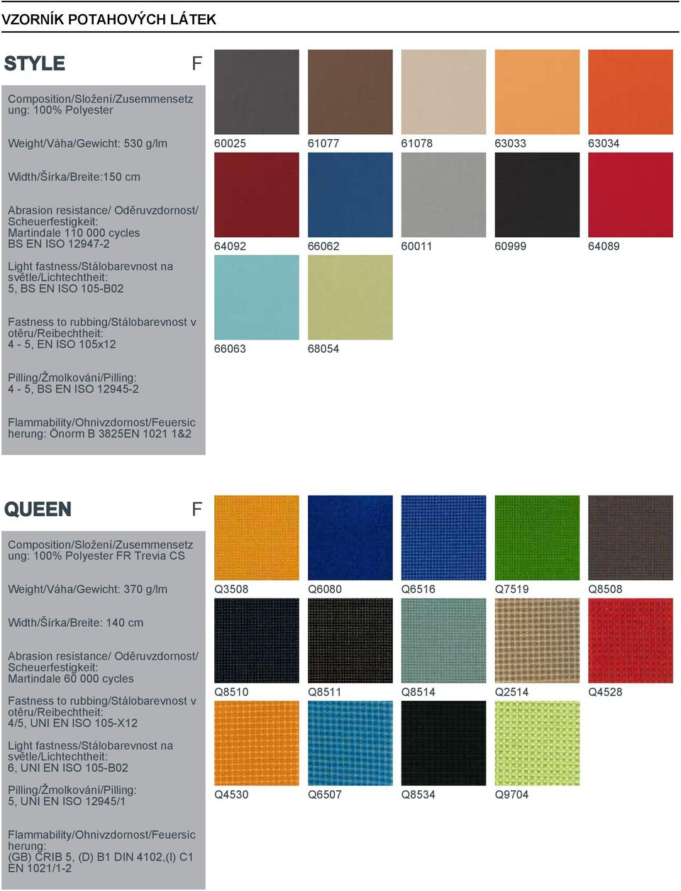 QUEEN F ung: 100% Polyester FR Trevia CS Weight/Váha/Gewicht: 370 g/lm Q3508 Q6080 Q6516 Q7519 Q8508 Martindale 60 000 cycles 4/5, UNI EN ISO