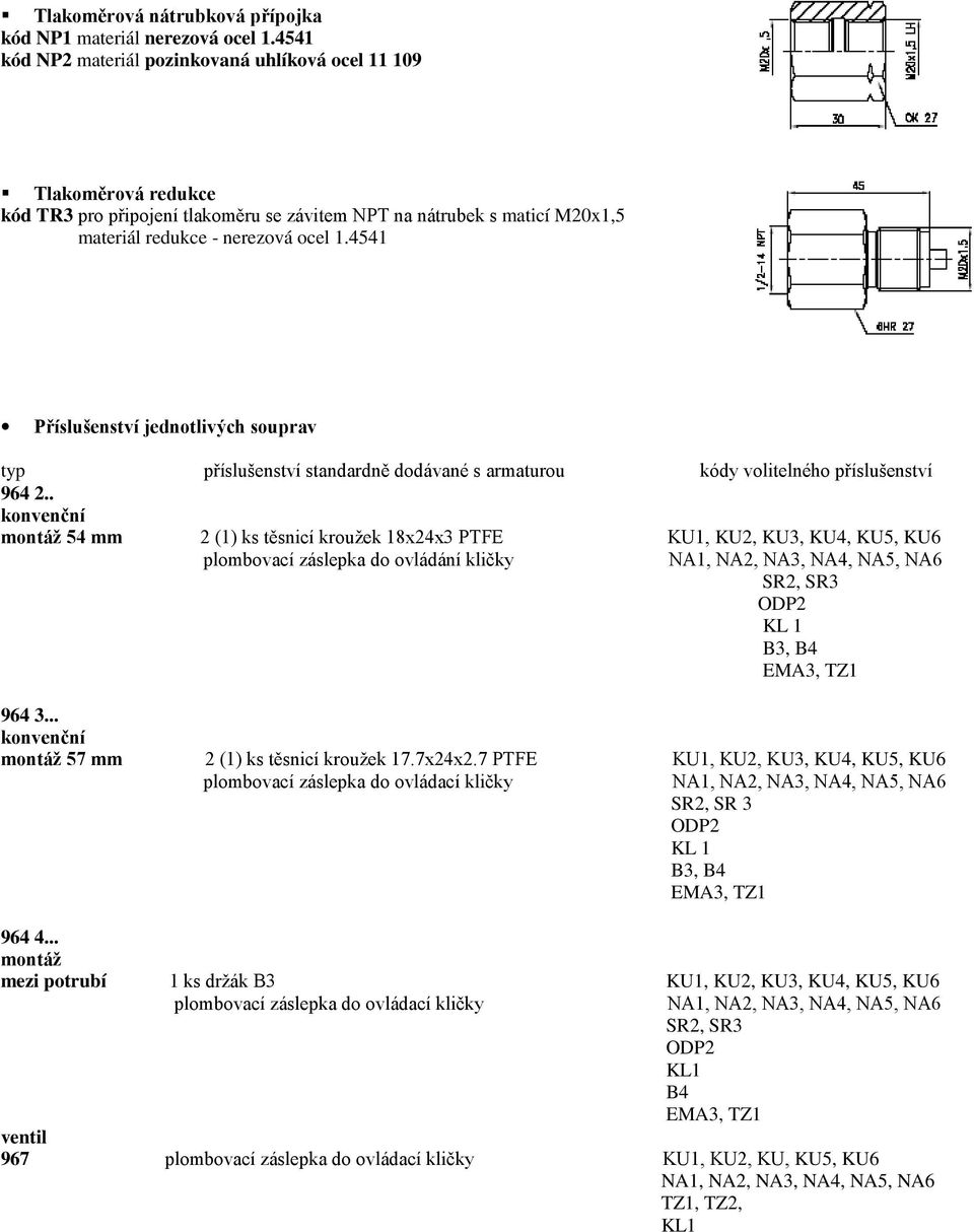 4541 Příslušenství jednotlivých souprav typ příslušenství standardně dodávané s armaturou kódy volitelného příslušenství 964 2.