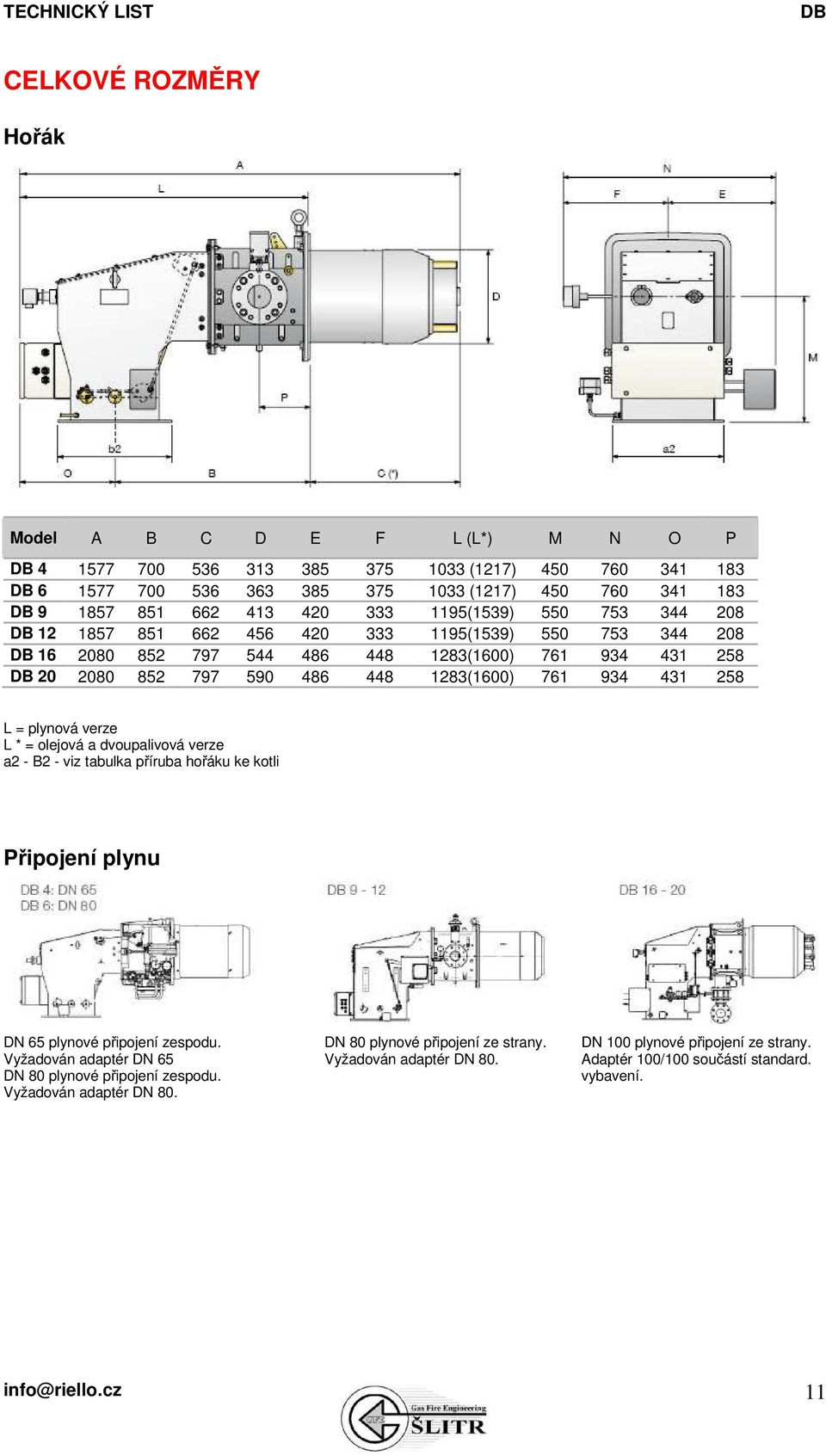 761 934 431 258 L = ová verze L * = olejová a dvoupalivová verze a2 - B2 - viz tabulka příruba hořáku ke kotli Připojení u DN 65 ové připojení zespodu. DN 80 ové připojení ze strany.