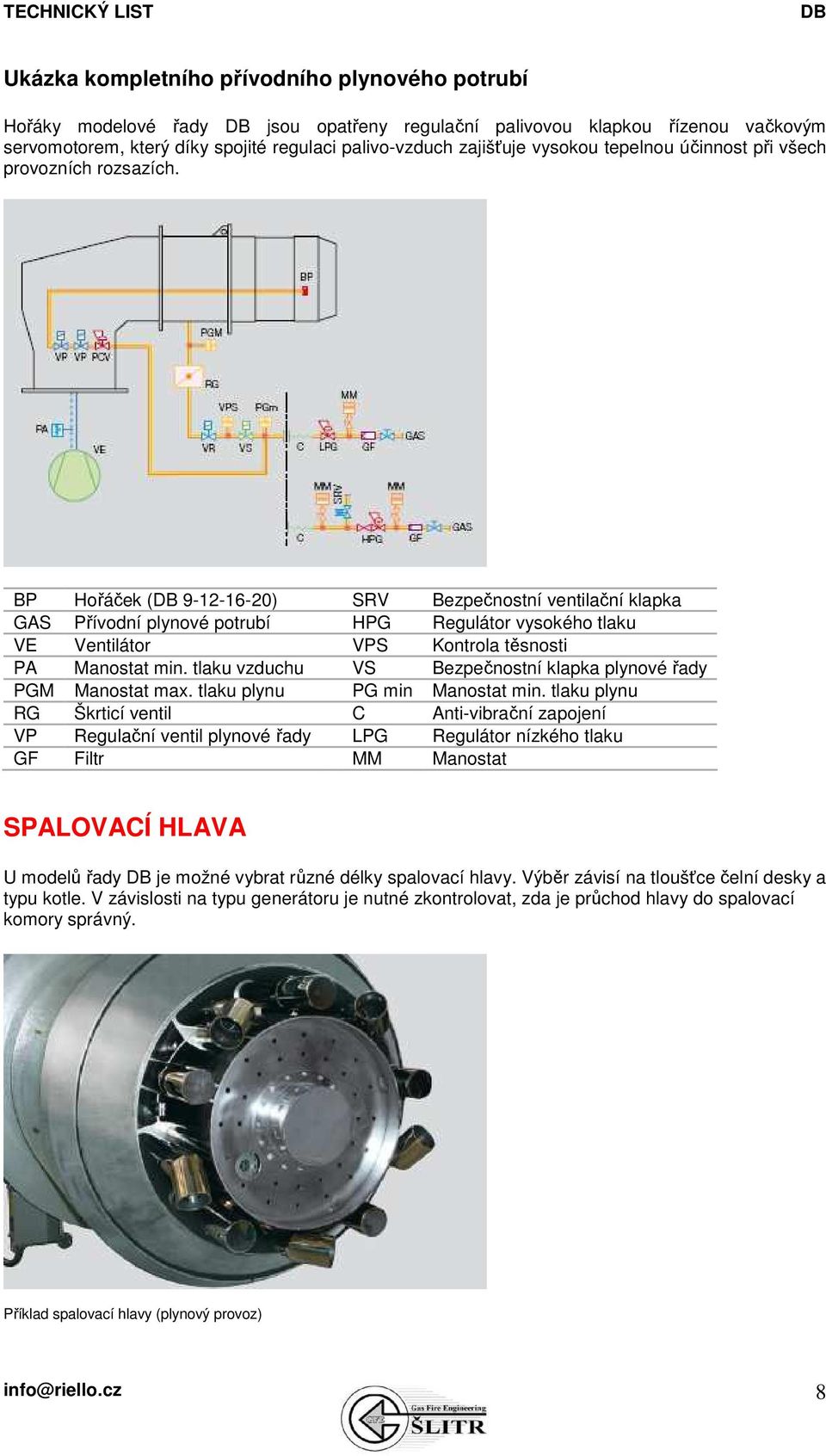 BP Hořáček ( 9-12-16-20) SRV Bezpečnostní ventilační klapka GAS Přívodní ové potrubí HPG Regulátor vysokého tlaku VE Ventilátor VPS Kontrola těsnosti PA Manostat min.