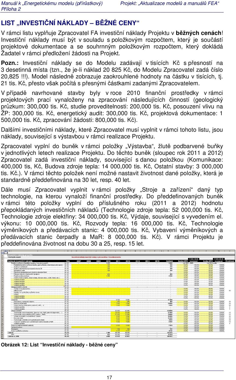Pozn.: Investiční náklady se do Modelu zadávají v tisících Kč s přesností na 3 desetinná místa (tzn., že je-li náklad 20 825 Kč, do Modelu Zpracovatel zadá číslo 20,825!!!).
