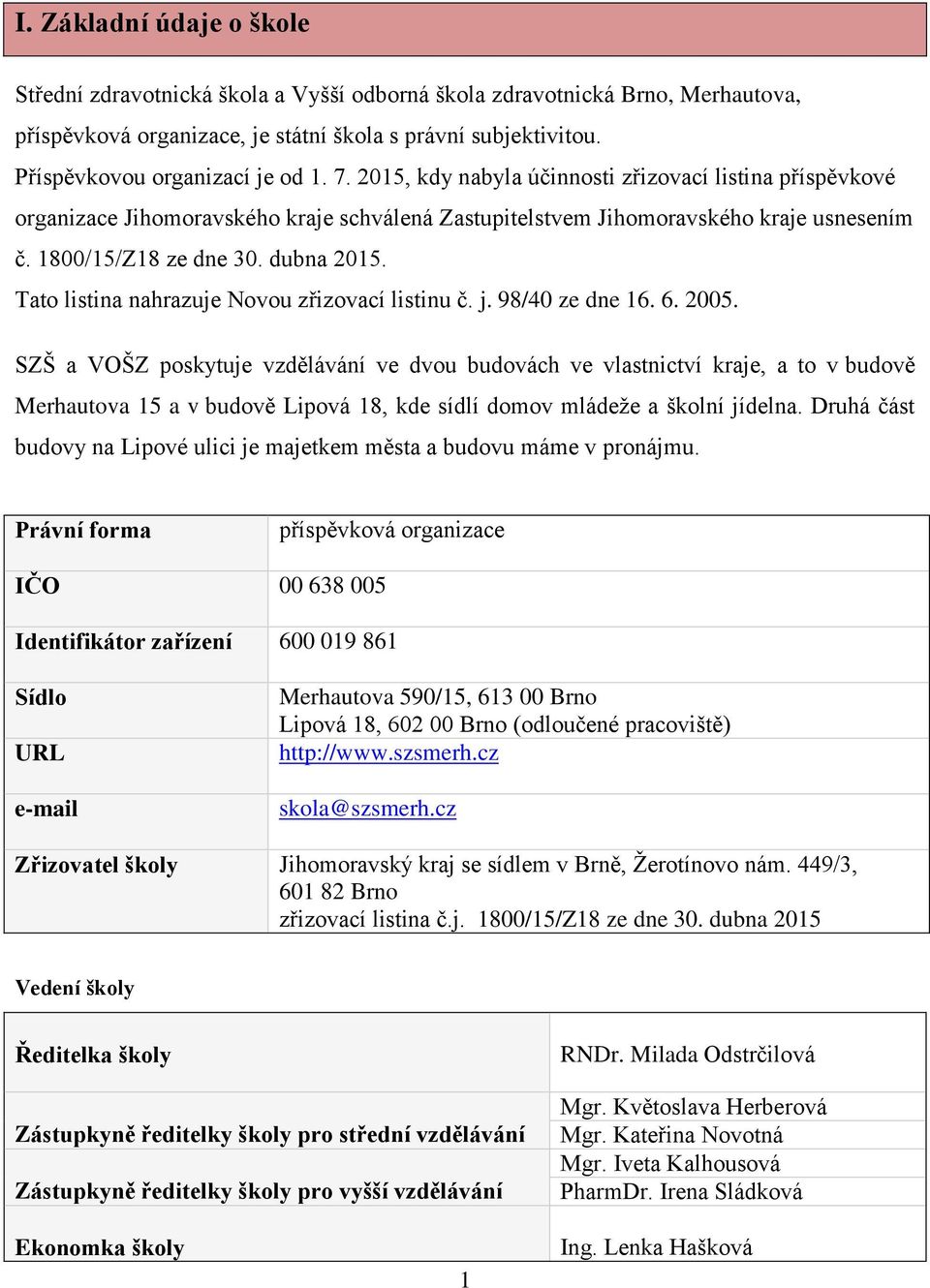 1800/15/Z18 ze dne 30. dubna 2015. Tato listina nahrazuje Novou zřizovací listinu č. j. 98/40 ze dne 16. 6. 2005.